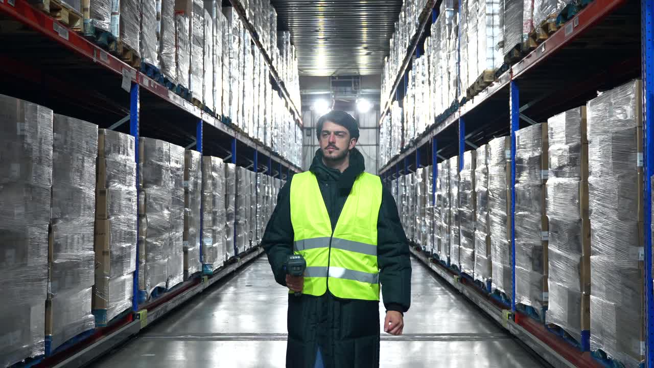 Warehouse worker with barcode scanner in aisle