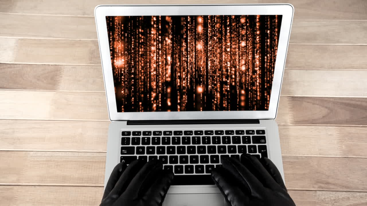 Digital animation of hacker using laptop 4k