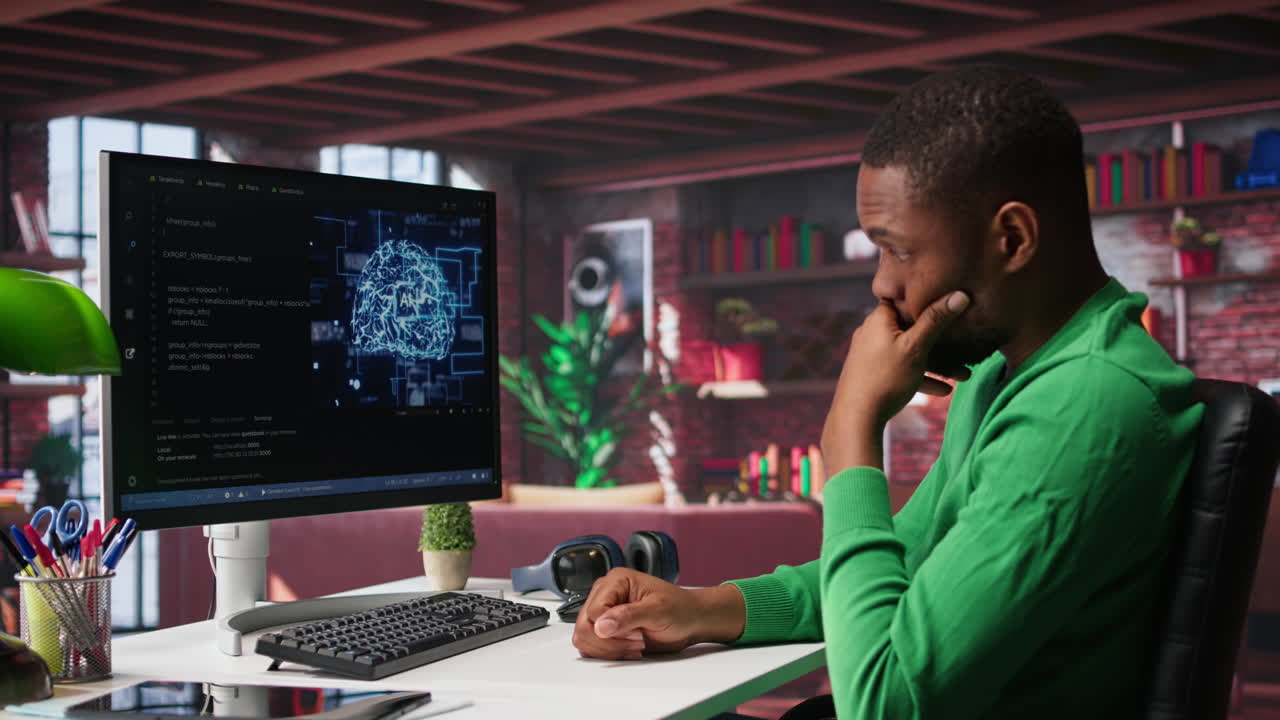 Vertical Video African american engineer coding a neural network AI brain model