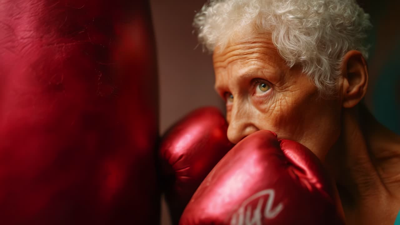 An Inspiring Portrait of Resilience: A Determined Elderly Woman with White Curly Hair Engaged in Boxing, Highlighting Strength, Tenacity, and the Unyielding Spirit of Age