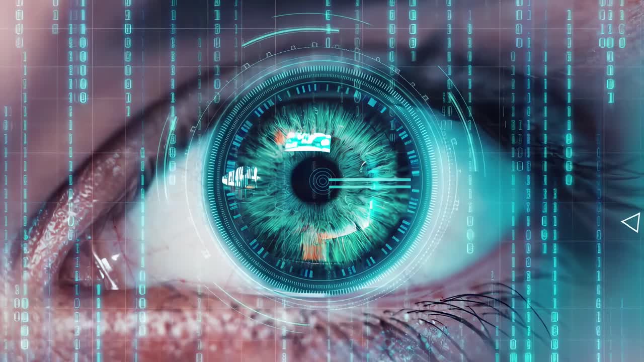 Close-up of a digital eye with futuristic graphics, angled for a sci-fi video effect