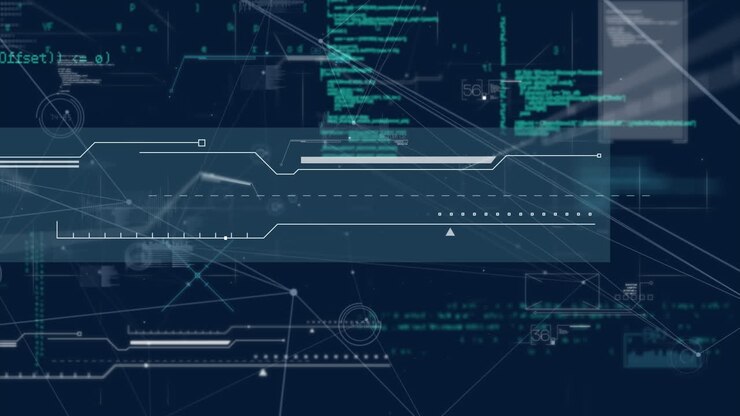 Animation of interface with data processing and network of connections against blue background