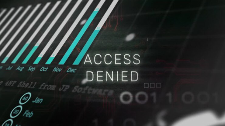 Animation of access denied text over processing data and charts on interface