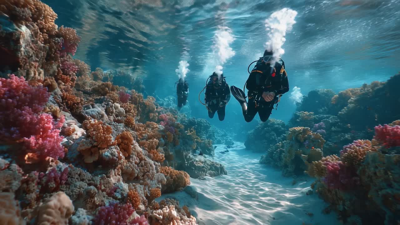 Un voyage sous-marin époustouflant à travers des récifs coralliens vibrants, avec des plongeurs explorant la riche vie marine et les écosystèmes colorés sous la surface