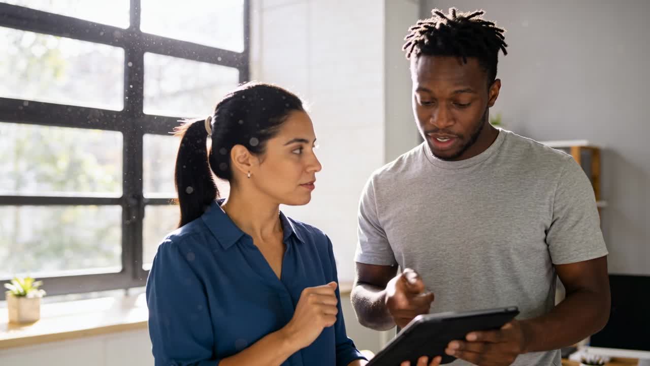 Tapping tablet, man in grey t-shirt guiding woman in blue blouse at office window, confirming