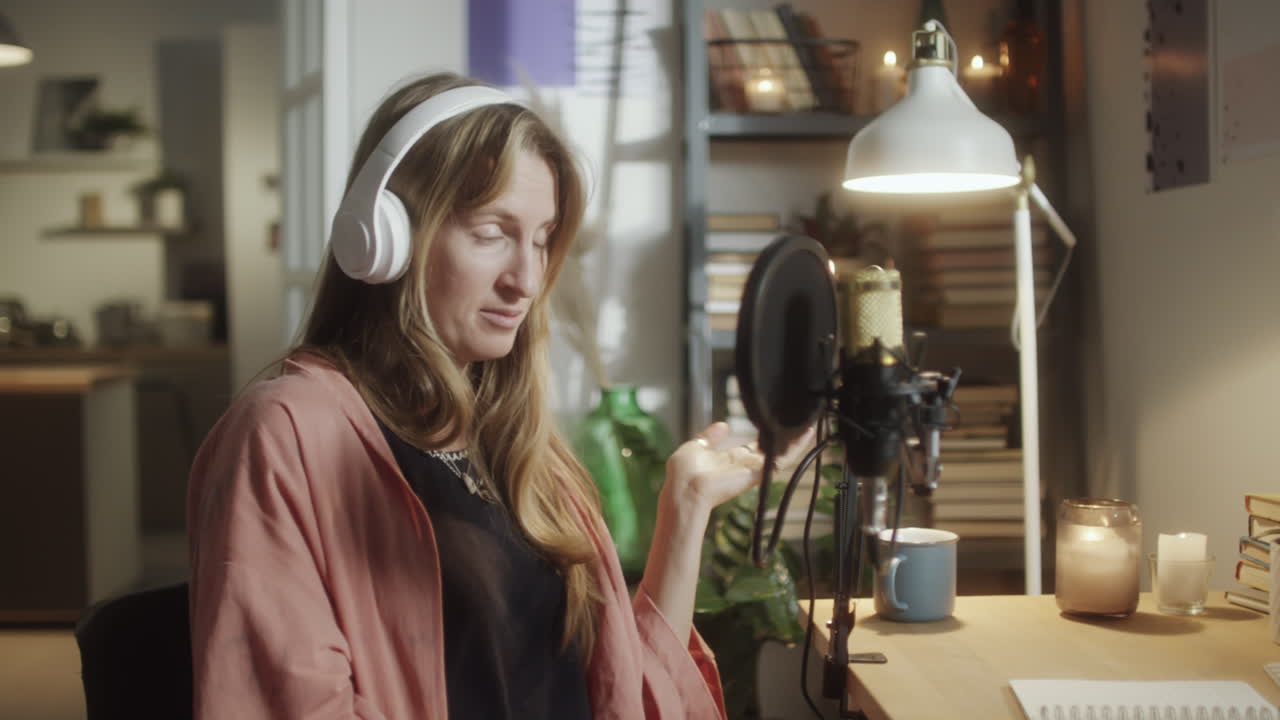 Ragazza che registra un podcast nel suo home studio.