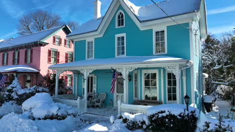 victorian homes in usa in fresh winter snowfall