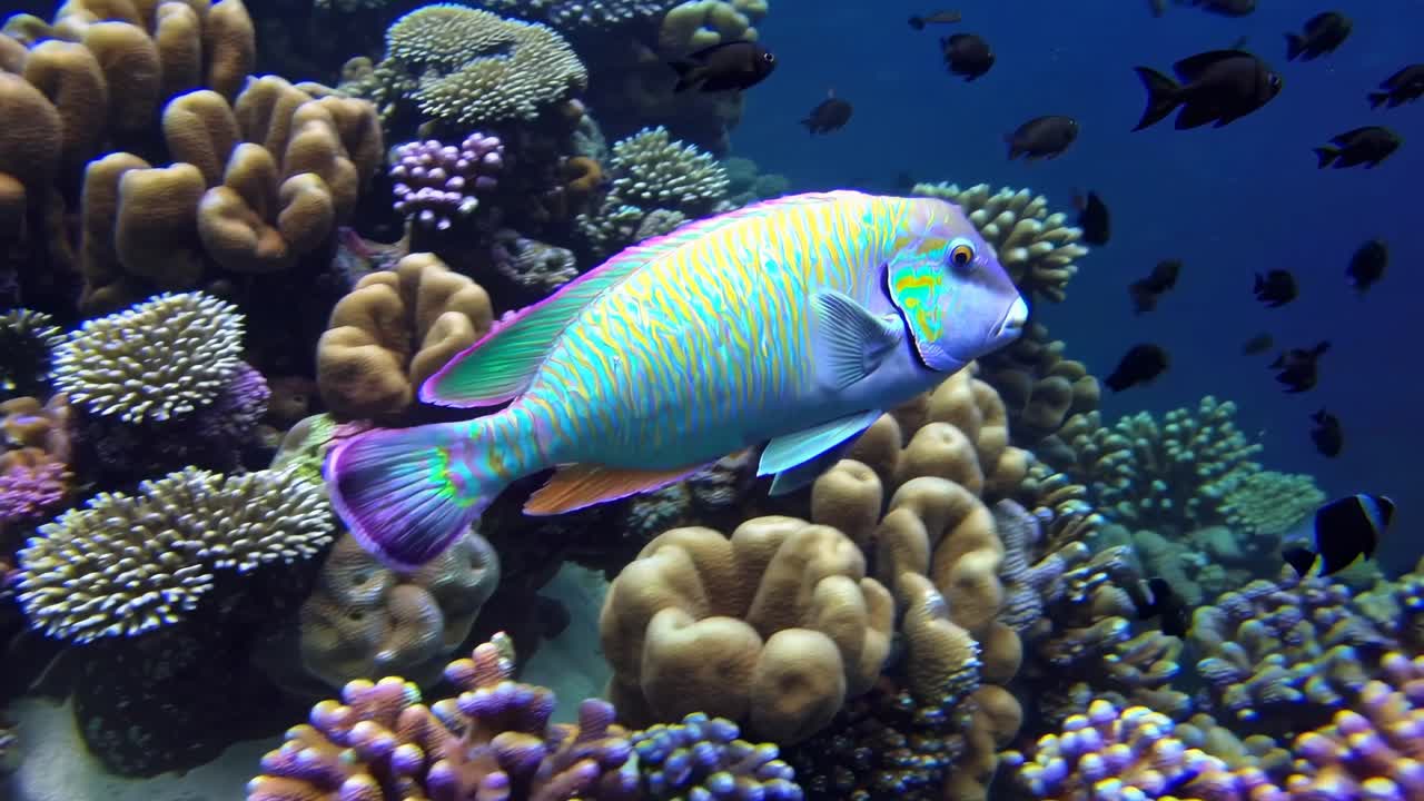 Underwater video shot of a vibrant fish swimming among coral reefs