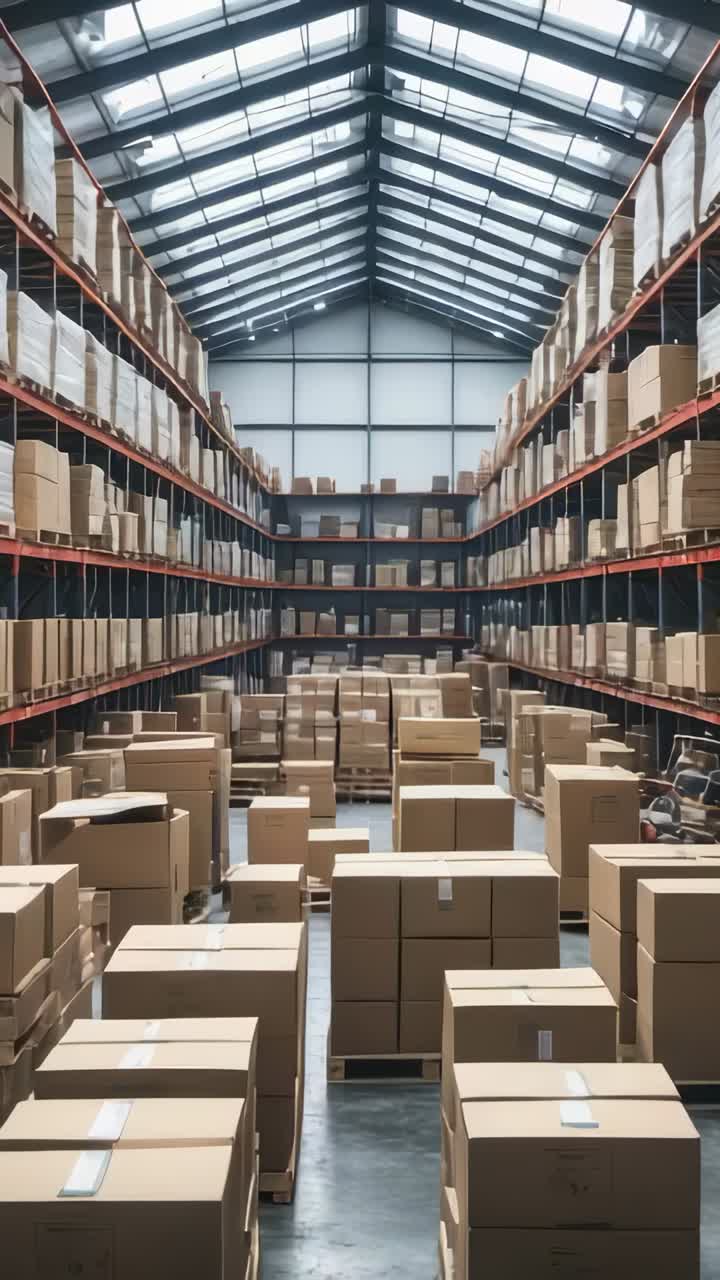 Vertical video: Gliding camera moving down warehouse aisle, showing boxes on racks with pallet jack