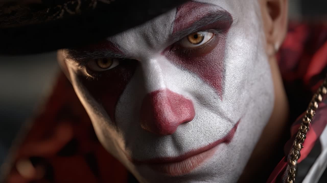 Intense close-up of a male clown face painted in vibrant colors, wearing a dark hat and costume, expressing a captivating yet unsettling emotion with striking eyes