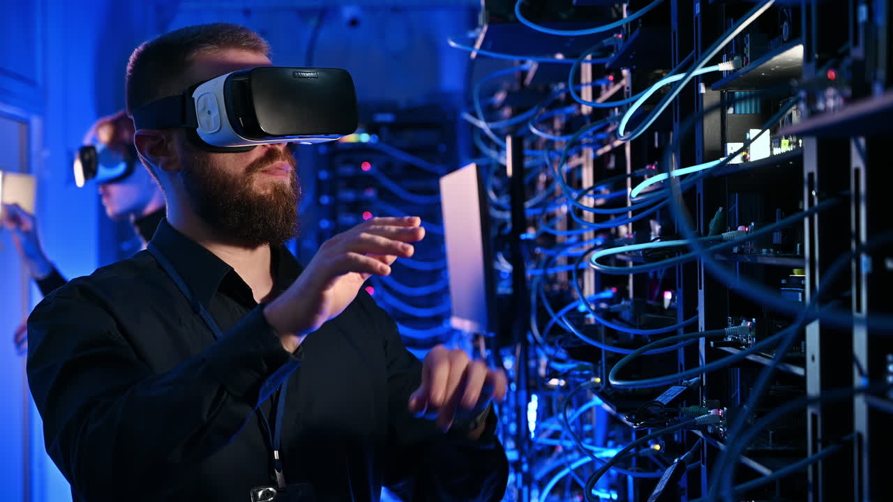 Men using Virtual Reality headset in a server room