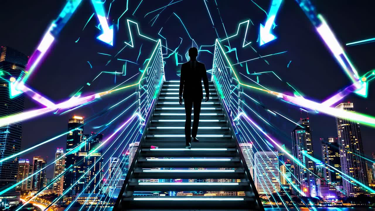 Businessman Climbing Stairs in Night City