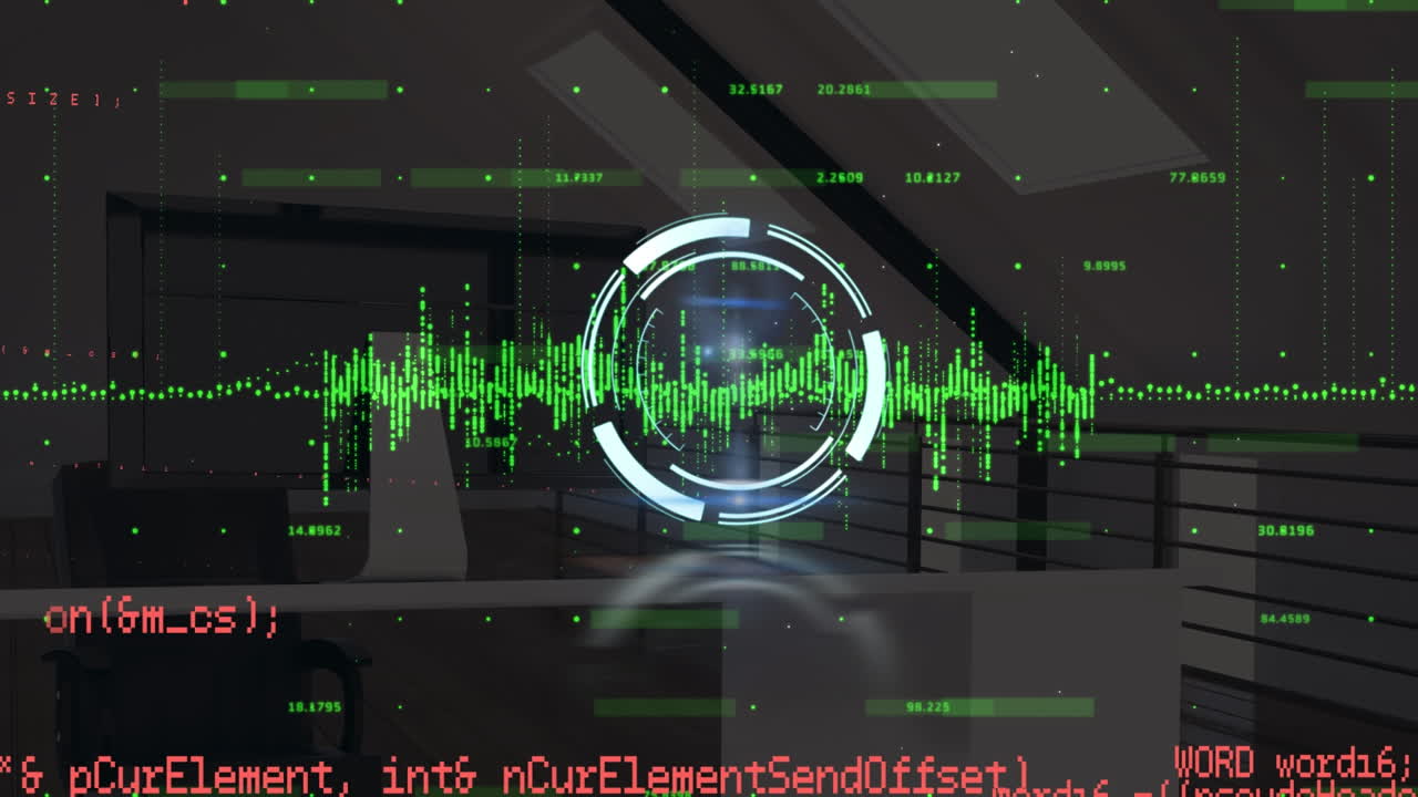 Animation of data processing and yellow columns over office