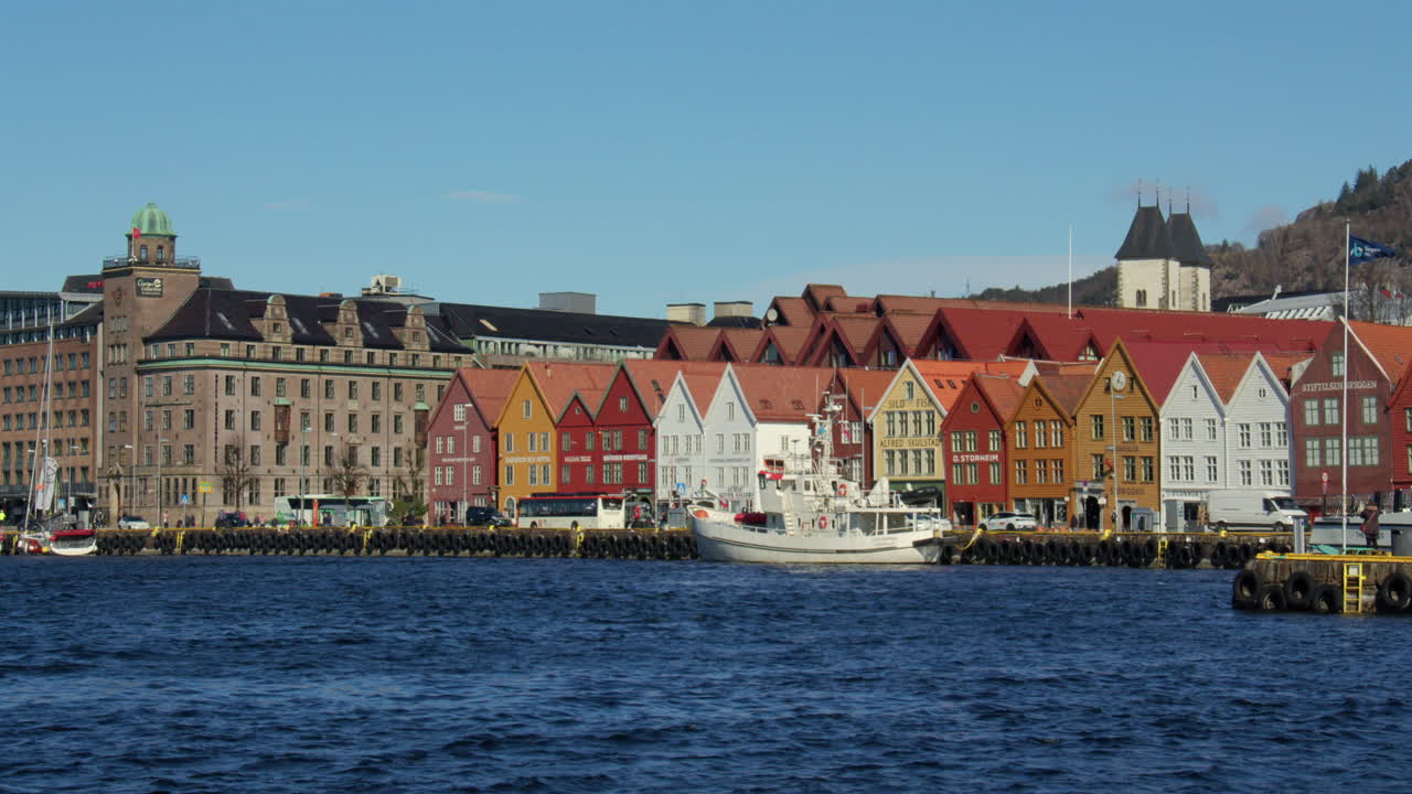 Extra wide shot of the Harbour Vagen bay with bryggen in background