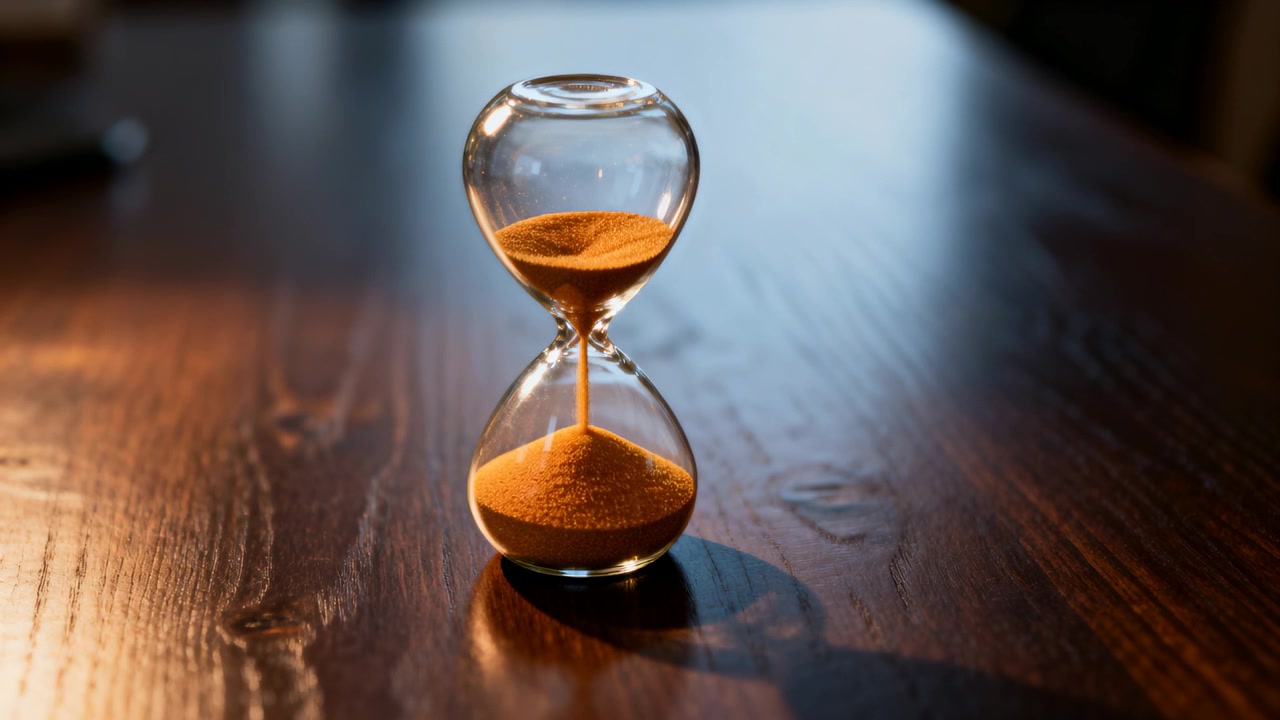 Sabbia ambrata che scende per gravità attraverso una clessidra di vetro trasparente su un tavolo di legno scuro, misurando il tempo.
