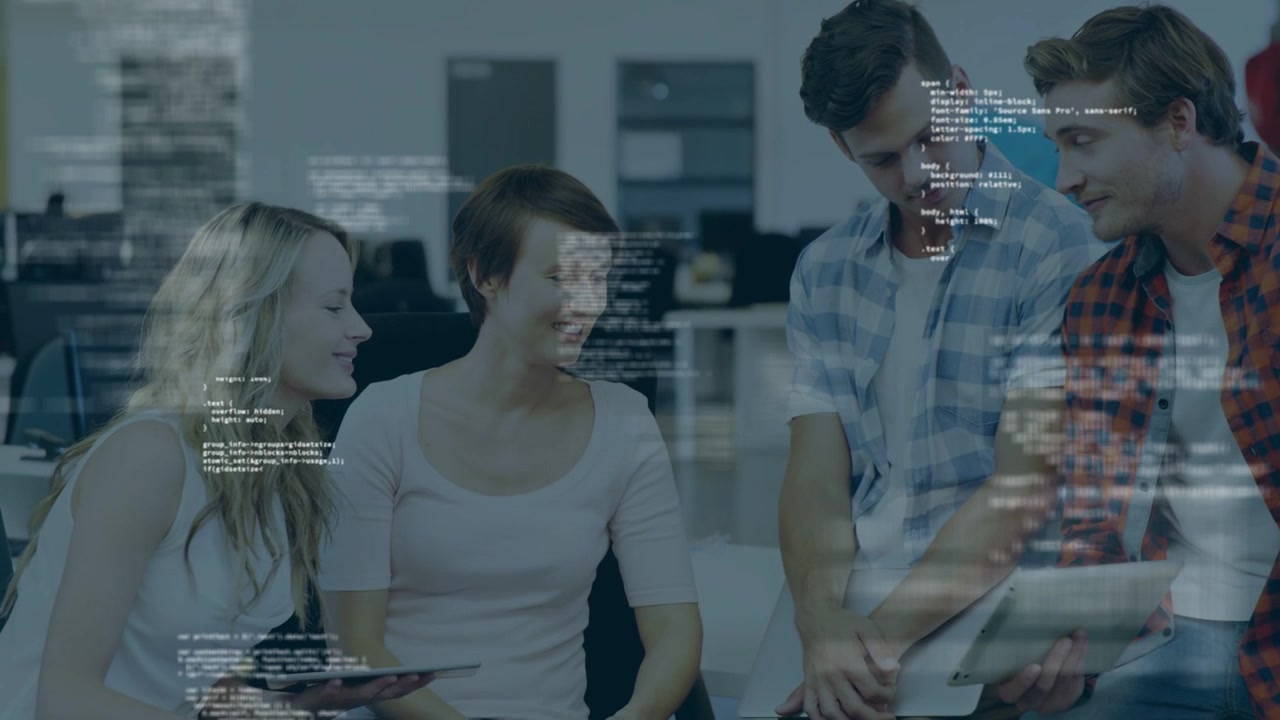 Left woman pointing tablet screen, causing code overlays drifting as tech team discussing fixes