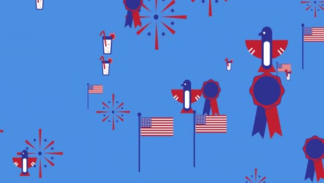 animación de banderas estadounidenses e iconos del día de la independencia moviéndose sobre un fondo azul