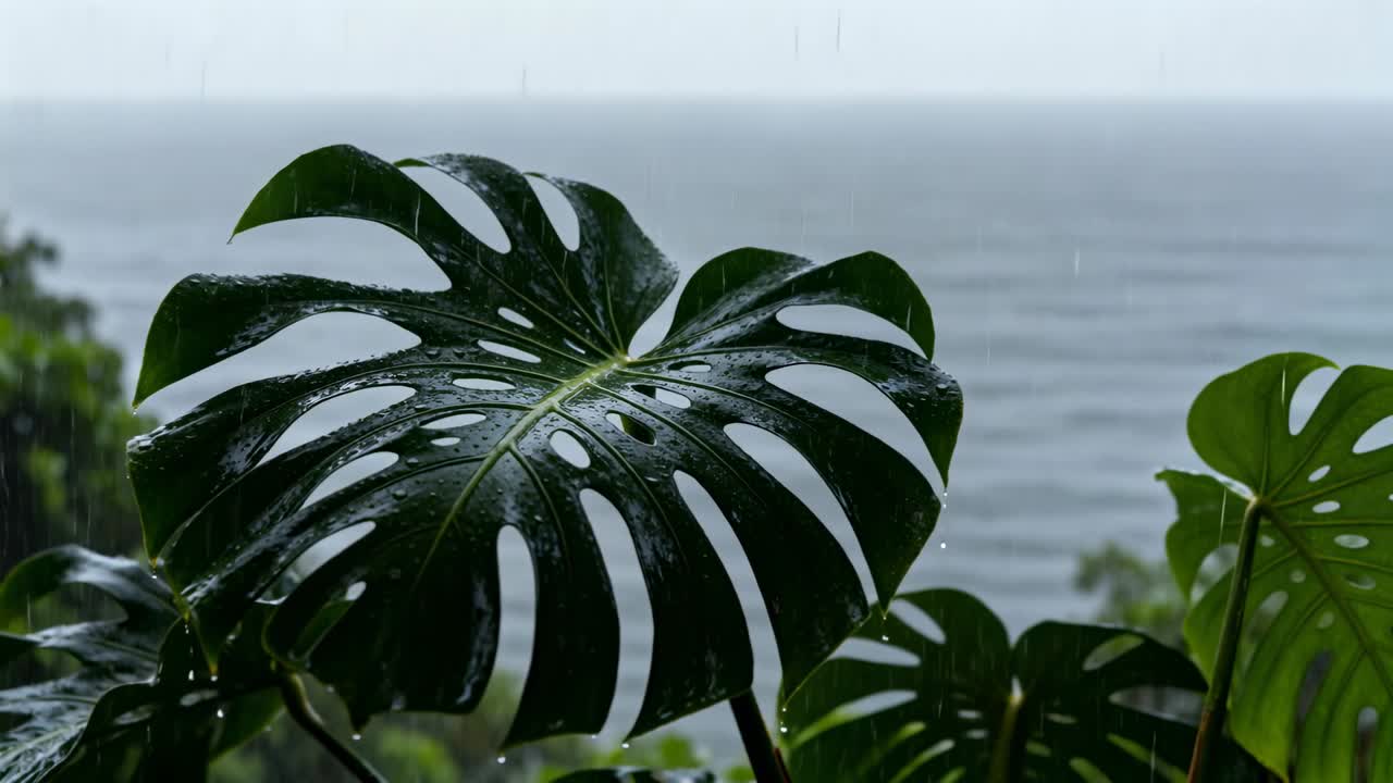 Pioggia che cade depositando goccioline su una grande foglia di Monstera vicino all'orizzonte oceanico, formando perle liquide che scorrono.