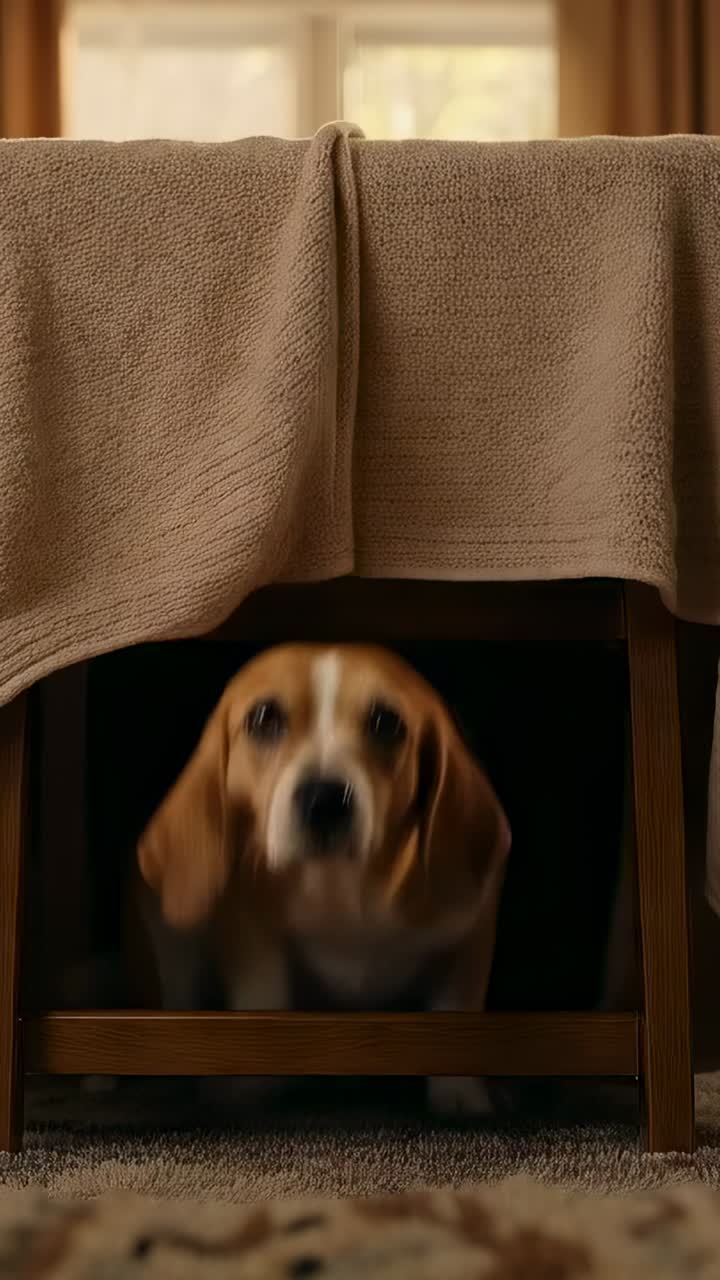 Video verticale: cane beagle che sbircia notando un movimento fuori dall'inquadratura e sollevando un asciugamano sotto una sedia in casa