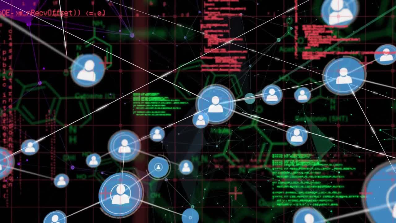 animación de iconos de perfil que conectan puntos con codificación, fórmulas moleculares en la interfaz digital