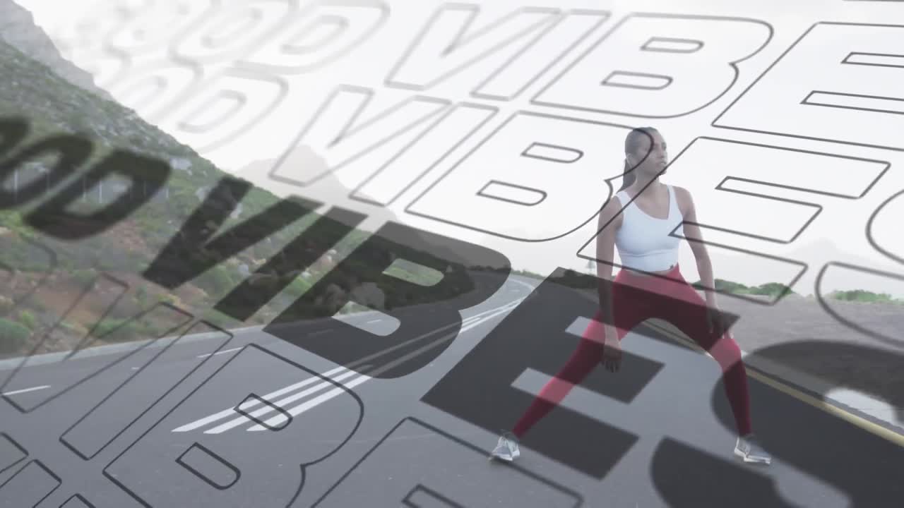 산길에서 운동하는 여성 위에  ⁇ 색으로 좋은 진동이라는 단어의 애니메이션