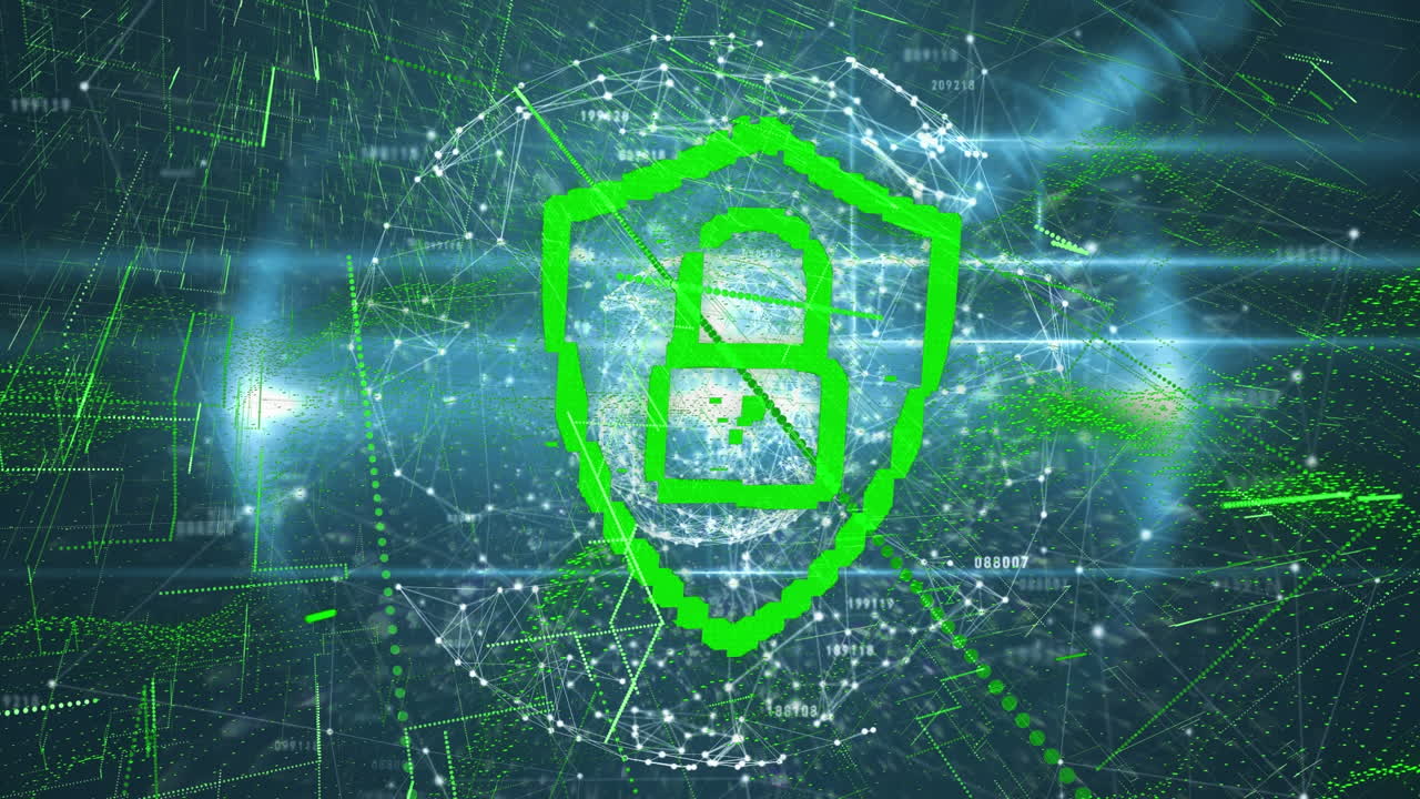 seguridad cibernética sobre el icono del escudo y el globo de la red de conexiones contra los senderos de luz verde