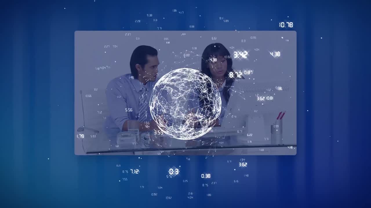 animation des globus mit zahlen über verschiedene geschäftsleute