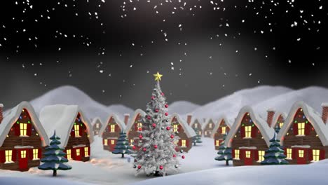 Animation-of-winter-scenery-with-decorated-houses-and-christmas-tree-on-black-background