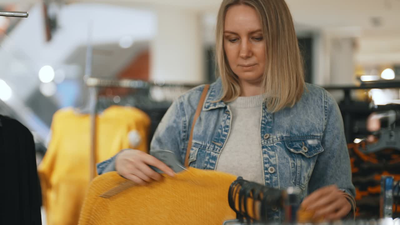 una mujer bonita elige ropa en una tienda.
