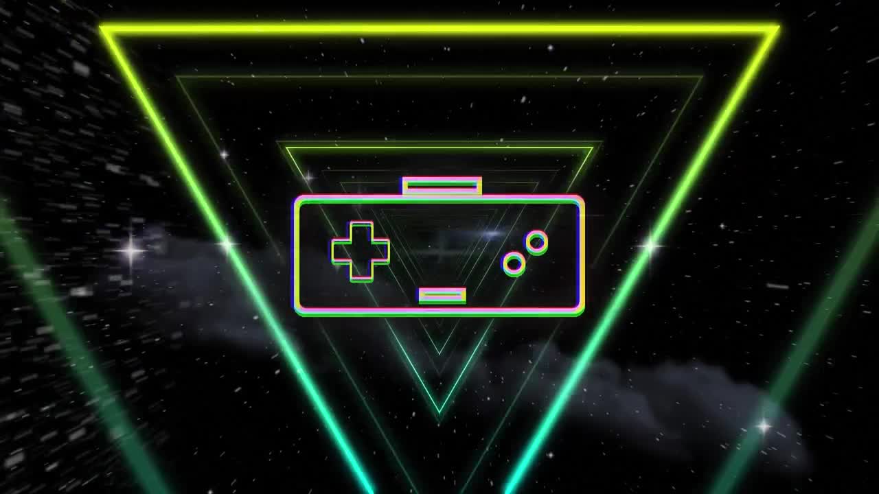 Animation of gaming console over looping triangles and lens flares on black background