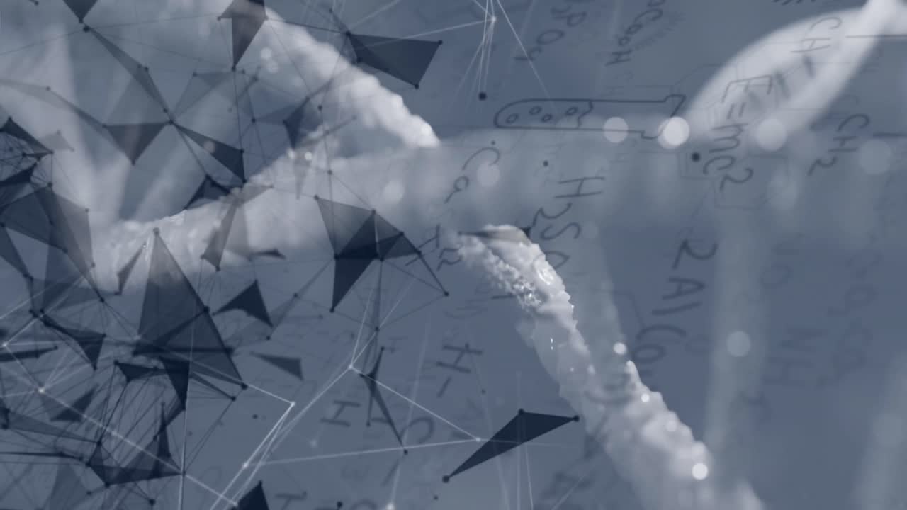 회색 배경에서 모양과 화학 공식 위에 회전하는 dna의 애니메이션