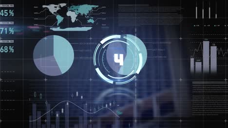 Countdown-over-neon-round-scanner-and-statistical-data-processing-against-tall-buildings