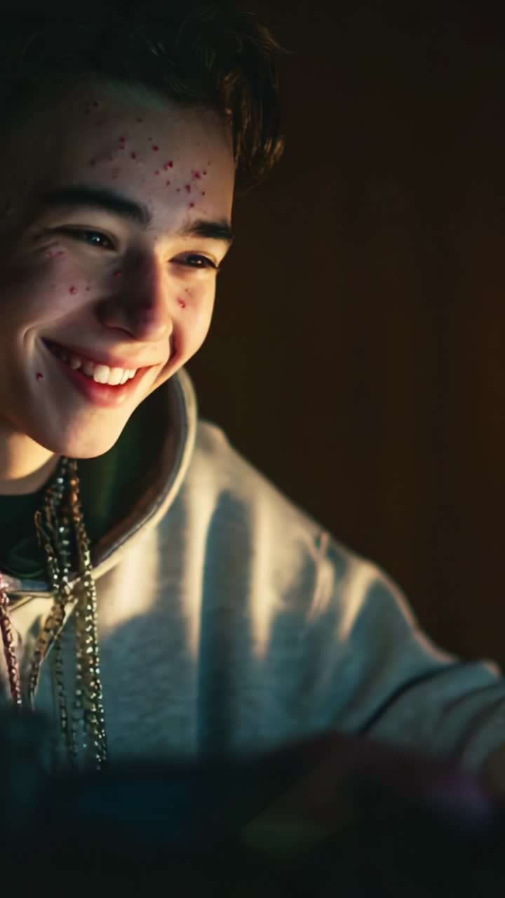 A Smiling Teen Engrossed in Digital Activity, Captured From a Video - A Sequence Showing the Journey of Joy to Pensive Reflection in Soft Lighting