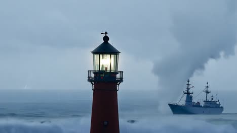 lighthouse is illuminating a warship navigating a dangerous storm with lightning and a waterspout