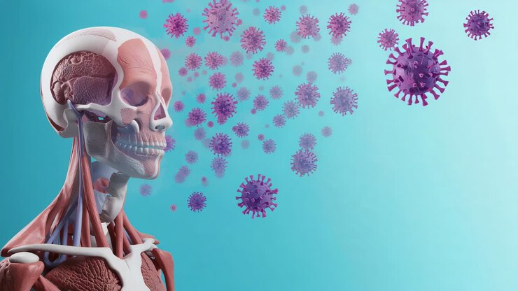 Fremtrædende lilla virus bevæger sig fra højre mod et hoved i et studie, der viser kranie- eller hjerneeksponering, med plads til tekst.