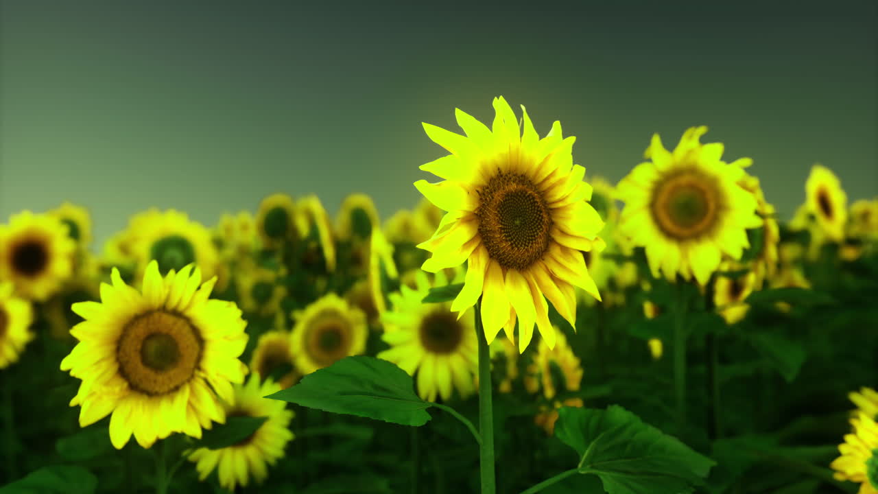 Sunflowers bloom vibrantly in a lush field during sunset hours