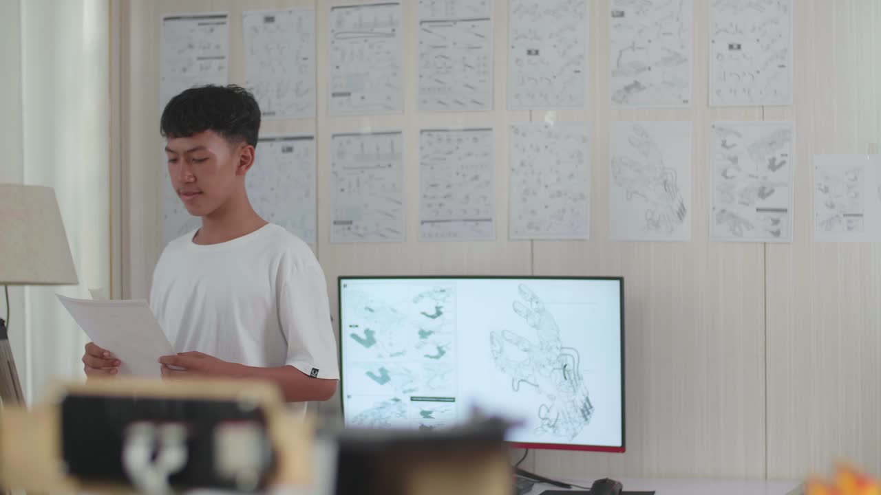 손에 든 그림을 보고 생각하고 집에서 사이보그 손에 대해 일하면서 돌아다니는 아시아 소년의 클로즈업