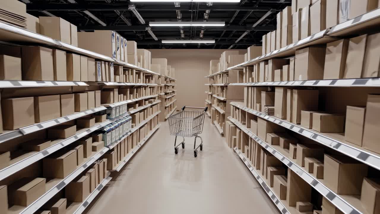 múltiples vistas de un pasillo de almacén lleno de cajas de cartón en los estantes, un carrito de compras de pie en el centro, listo para recoger y empacar