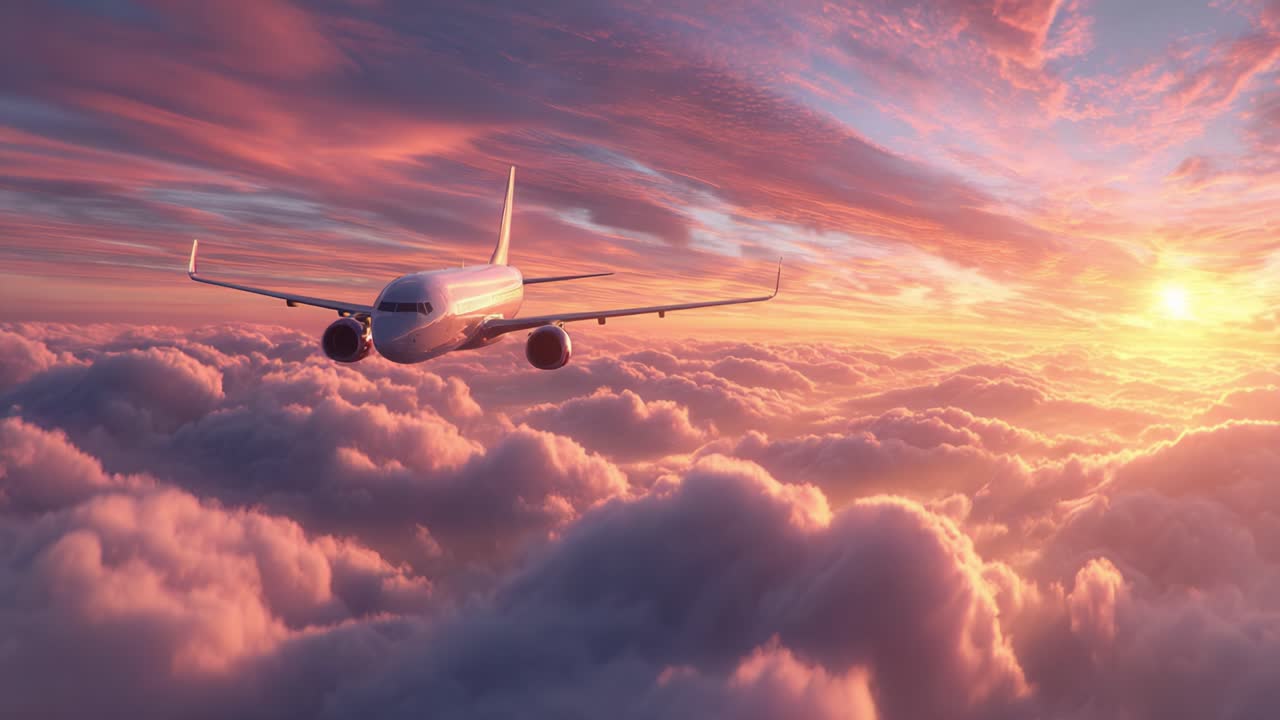 A Stunning Aircraft Soaring Through Colorful Skies Above Fluffy Clouds at Sunset, Capturing the Beauty of Air Travel and Nature's Vibrant Palette