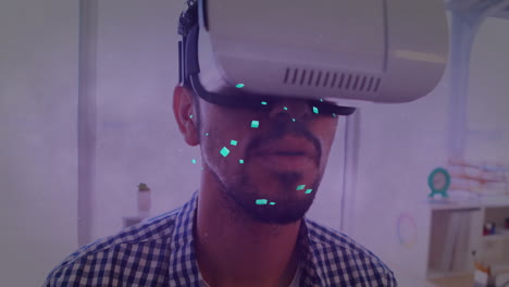 animación de formas moviéndose sobre un hombre de negocios biracial usando auriculares vr.