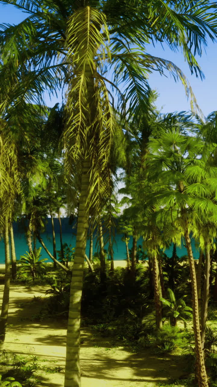 Serene tropical landscape with lush palm trees and clear blue ocean