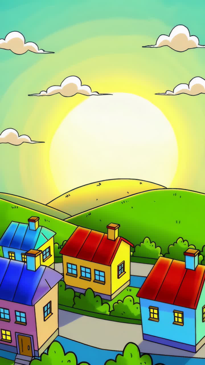 Colorful Cartoon Village Landscape at Sunrise/Sunset