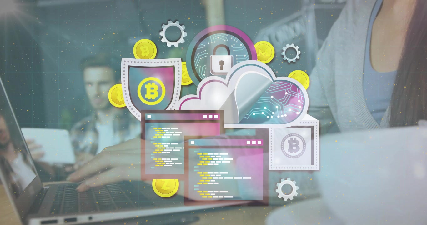 Animated crypto icons appearing revealing developers coding and swiping tablet for cloud security