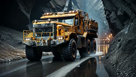 heavy-duty mining vehicle operates in underground tunnel during exploration