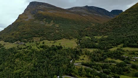 Aerial-over-the-hills-of-Gieranger,-Norway