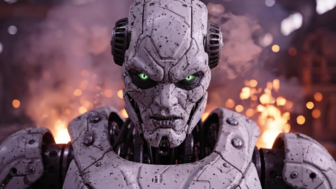 Una figura robótica de alto detalle con llamativos ojos verdes en medio de un fondo ardiente, mostrando las complejidades de la robótica moderna en un entorno dinámico