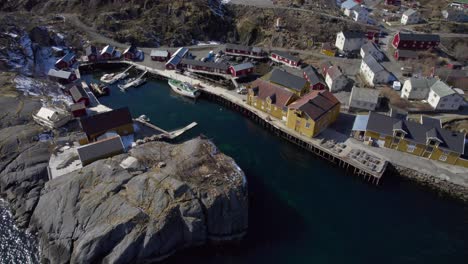 aerial orbit shot of the oldest historical norwegian fishing village in lofoten