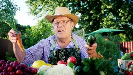 an elderly farmer is selling vegetables on the farm market