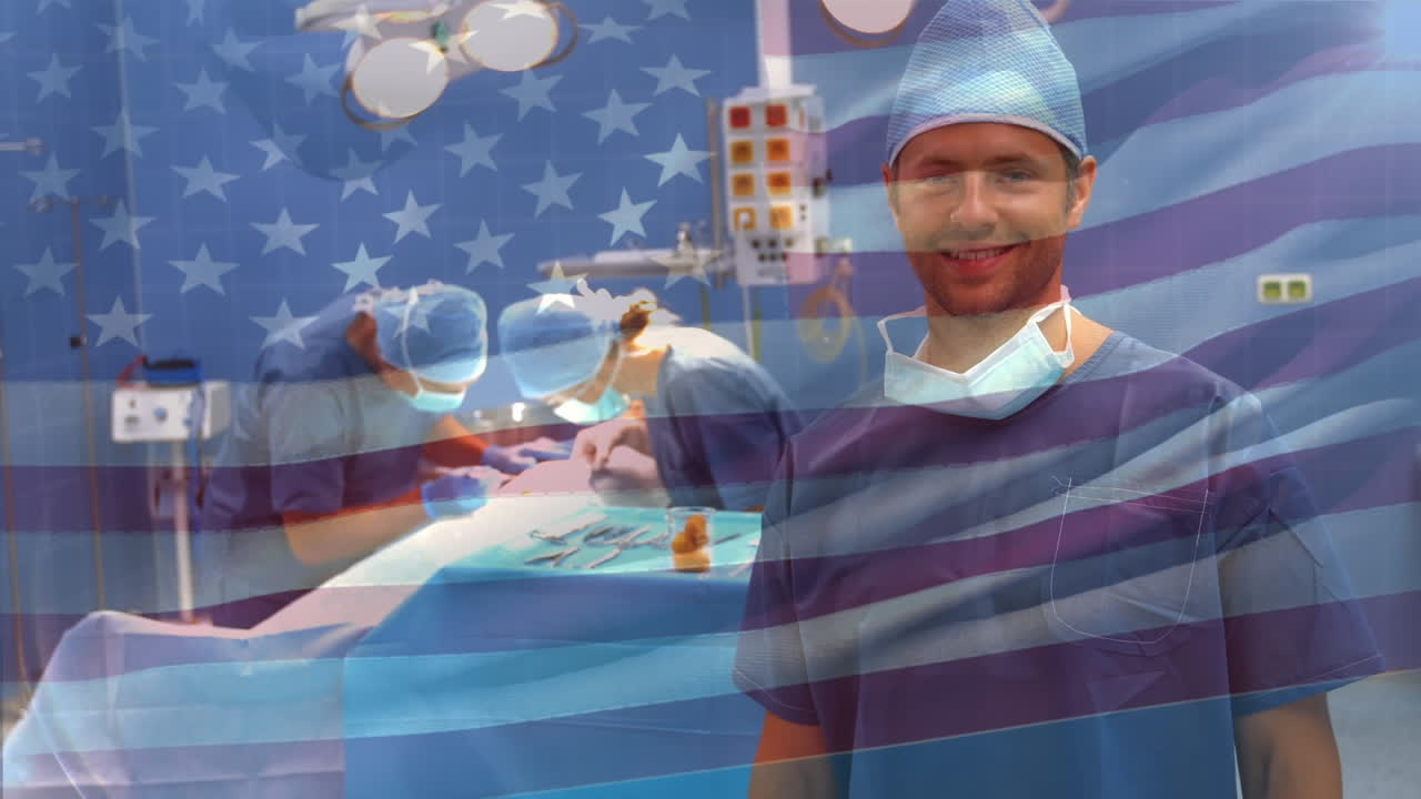 анимация флага сша, развевающегося над хирургами в операционной