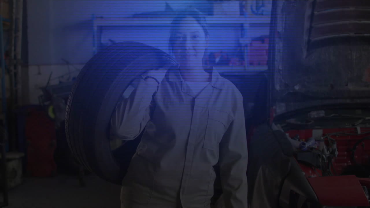 Female mechanic carrying tire in automotive workshop, showcasing animated repair icons and chart